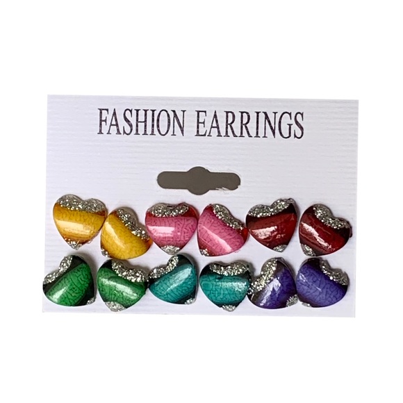Boutique Set of 6 Pairs of Rainbow Heart Fashion Stud Earrings + 2 Free Pairs - Picture 1 of 4